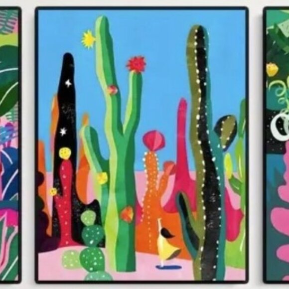 Vibrant Triptych 3 Canvas Prints Tropical Plants Flowers Cactus Jungle Botanical - Picture 3 of 4